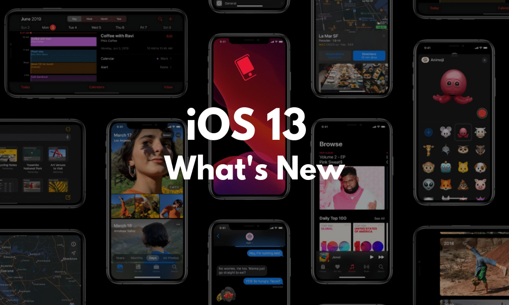 Dark Mode Swipey Keyboard Camera Portrait lighting for photos A new privacy feature Sign in with Apple Siri's new voice Download Manager in Safari New Volume HUD HomePod Dual-SIM Support Memoji avatars come to Messages A revamped Find My iPhone app that merges Find My iPhone and Find My Friends