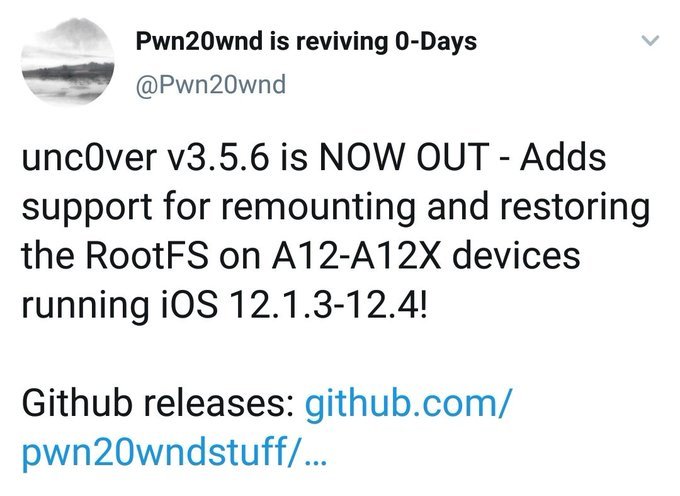 NOW OUT - unc0ver v3.5.6 is Adds support for remounting and restoring the RootFS on A12-A12X devices running iOS 12.1.3-12.4!