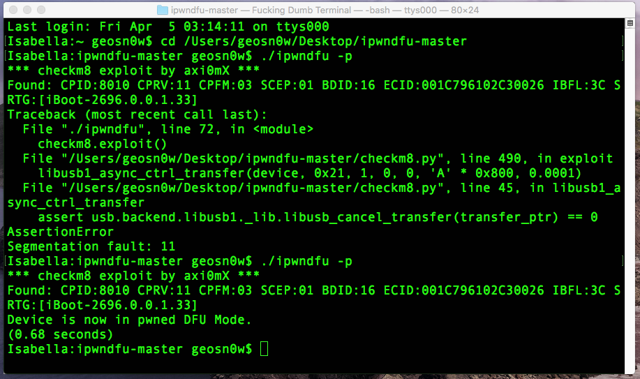 As you probably are aware, on September 27, hacker @axi0mX released his checkm8 SecureROM (BootROM) exploit which is compatible with iPhone 4S, iPhone 5, iPhone 5C, iPhone 5S, iPhone 6 / 6 Plus, iPhone 6S / 6S Plus, iPhone 7 / 7 Plus, iPhone 8 / 8 Plus and iPhone X, as well as all iPods from iPod Touch 5 to iPod Touch 7th Generation, and all iPads that are not A12.   Checkm8 exploit doesn't support the A12 and A13 devices (iPhone XS, iPhone XR, iPhone XS Max, iPhone 11, iPhone 11 Pro, iPhone 11 Pro MAX).  All the rest of the devices are supported from the first iOS version they run (iOS 7, iOS 8, iOS 9, etc.) all the way to the latest that is available (currently iOS 13.1.1).  Here's how to use iPwnDFU to put a newer iOS device running iOS 13.1.1 (or any iOS for that matter) in Pwned DFU mode to be able to restore a CFW for CFW iCloud Bypass, Jailbreak or Downgrades.  Follow the steps below on a Mac or on Linux. No Windows tool for now.