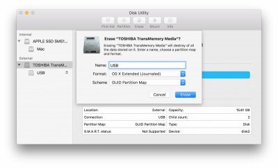 Highlight the USB drive in left column (Note: in the Mojave version of Disk Utility, you must first select View / Show All Devices before you can see the USB drive there)