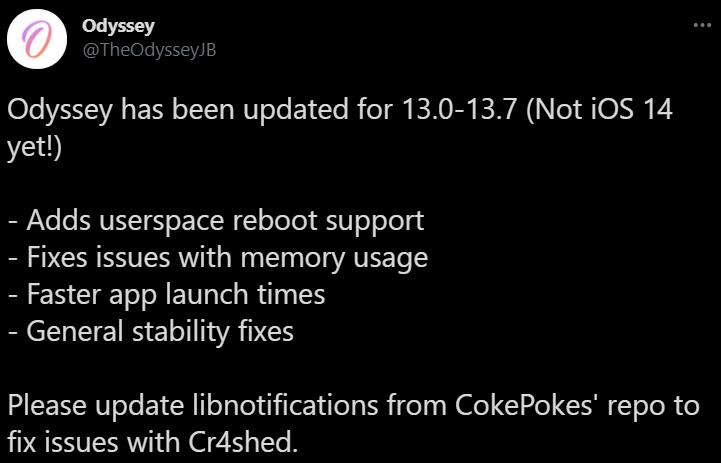 Odyssey has been updated for 13.0-13.7 (Not iOS 14 yet!)