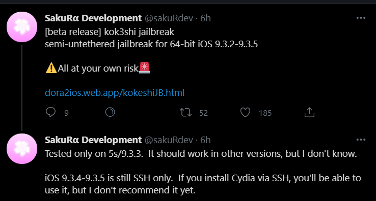 [beta release] kok3shi jailbreak
semi-untethered jailbreak for 64-bit iOS 9.3.2-9.3.5
