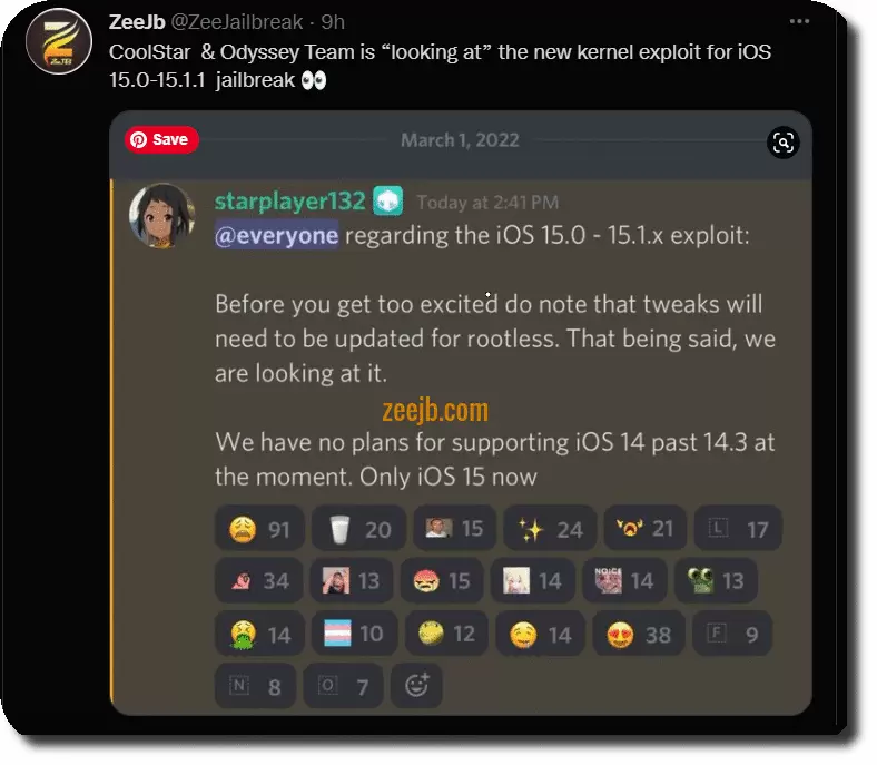 CoolStar  & Odyssey Team is “looking at” the new kernel exploit for iOS 15.0-15.1.1  jailbreak