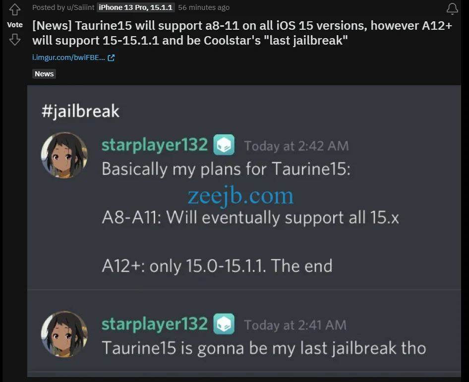 Taurine15 will support a8-11 on all iOS 15 versions, however, A12+ will support 15-15.1.1 and be Coolstar's "last jailbreak"
