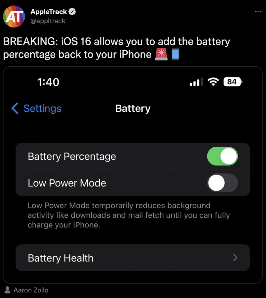 iPhone battery percentage shows on iOS 16 new update