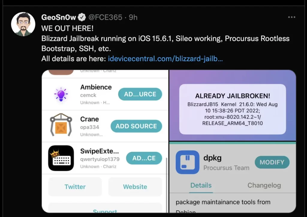 Blizzard Jailbreak for iOS 15 - OS 16.2
Sileo working and SSH achieved iOS 15.6.1 