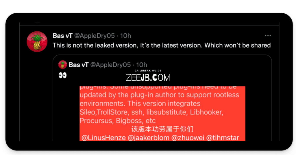 The iOS developer and FilzaEscaped inventor Tweeted XinaA15 Latest version, tested it on his iPhone, and mentioned that "This is not the leaked version, it’s the latest version. Which won’t be shared".