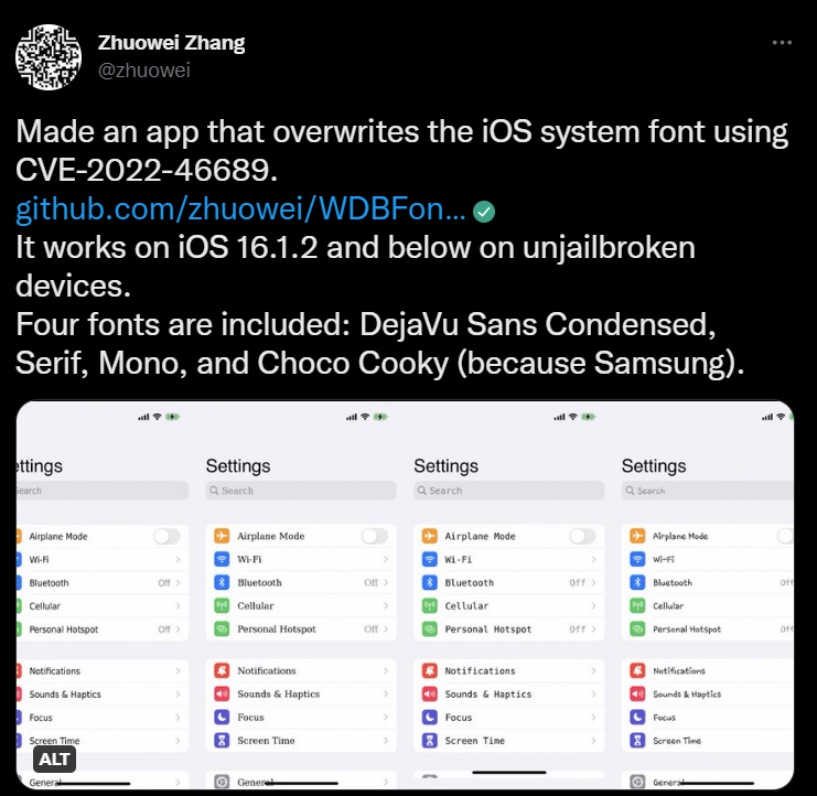 The developer uses iOS 16 exploit to change the system font (without jailbreak)