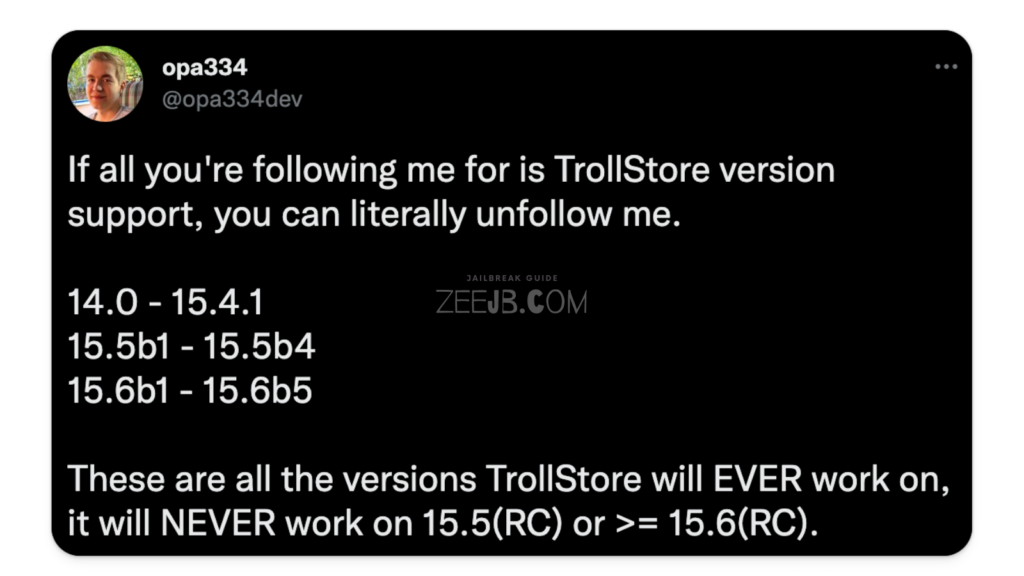 TrollStore's developer tweeted an update on TrollStore tool compatibility.

TrollStore will EVER function on versions 14.0 - 15.4.1, 15.5b1 - 15.5b4, and 15.6b1 - 15.6b5.
TrollStore will NEVER work on 15.5 (RC) or greater than 15.6. (RC).