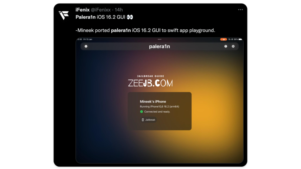 Palera1n GUI: Palera1n iOS 16.2 GUI

Mineek ported palera1n iOS 16.2 GUI to swift app playground.