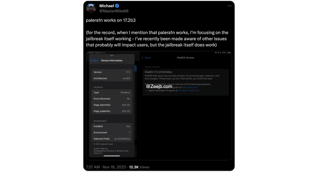 iOS 17.2 Beta Jailbreak Status, Palera1n Supported.