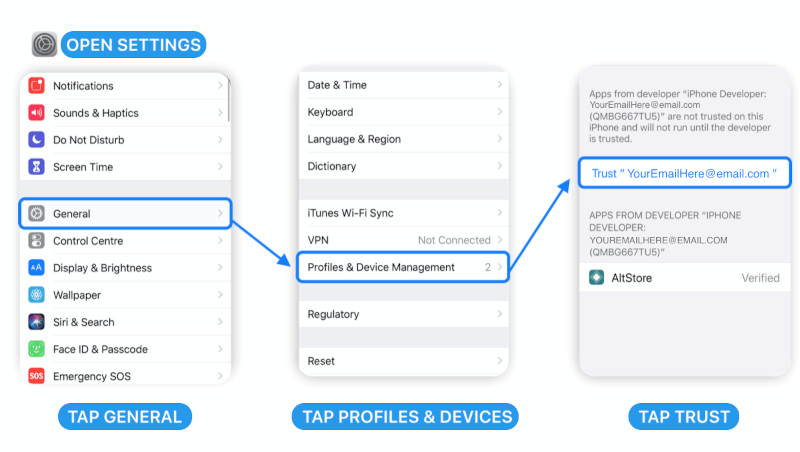 AltStore AltServer - After the complete installation, Go to iPhone Settings > General > Profiles (or Profiles & Device Management) > find a profile that is labeled with your Apple ID > Tap trust.