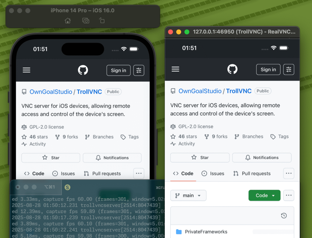 TrollVNC
A fast, feature-packed VNC server for iOS — remote your iPhone/iPad from anywhere.

