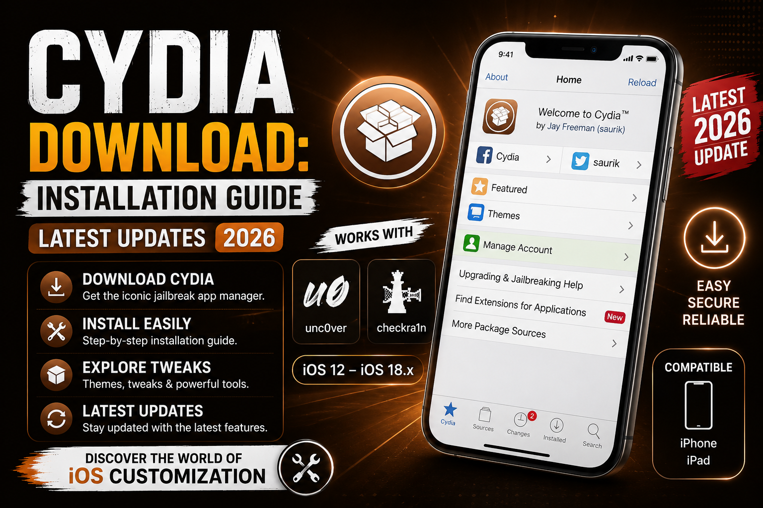 create another tumbnail for - Cydia Download: Installation Guide, latest updates By Michael Warner 23rd July 2026 Learn how to download Cydia, the ultimate jailbreak app manager. Get the latest tools like Unc0ver and Checkra1n for iOS jailbreak. Explore Cydia tweaks and updates. Discover the world of iOS customization.iOS Apps