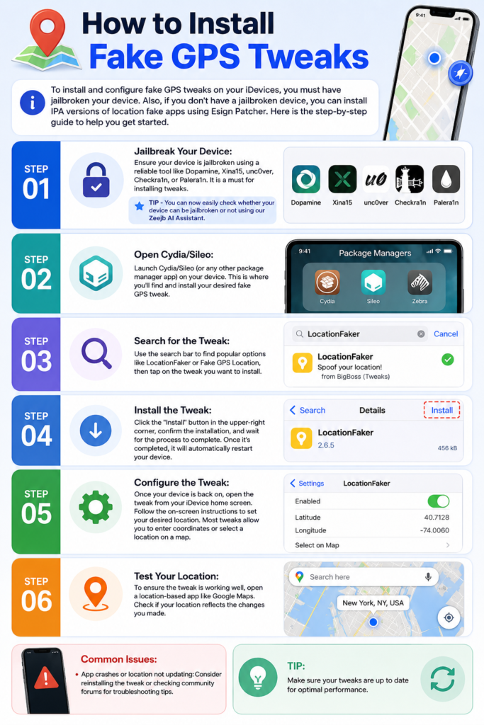 Fake GPS Tweaks :There are several Fake GPS tweaks available in the jailbreak community; here we list their effectiveness and user satisfaction. The top place is taken by LocationFaker, a user-friendly tweak that allows seamless location spoofing with minimal setup. Users appreciate LocationFaker for its straightforward interface and the ability to easily set custom locations.