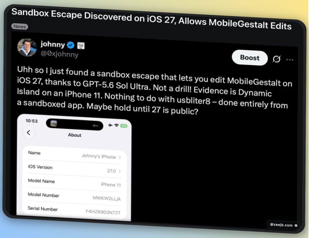 SandBox Escape Discoverd on iOS 27, Allows MobileGestalt Edits
Users can modify the homescreens like active Dynamic island on iPhone 11