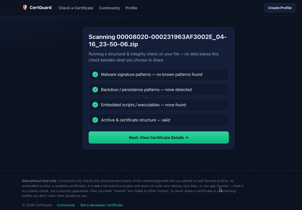 Ksign Certificate files , Scanning Process of Developer or Distribute Certificate file , .P12 and .Mobileconfiguration profiles. and remove malwares and injecting codes.