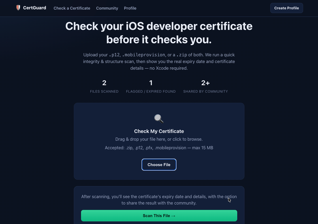 Choose files to check wether they are legimte virus free iOS developer certificates or not.