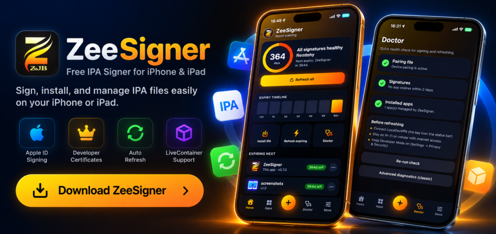 ZeeSigner is a free iOS IPA signing and sideloading tool