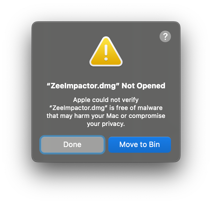 Gatekeeper warning ZeeImpactor.dmg Not Opened