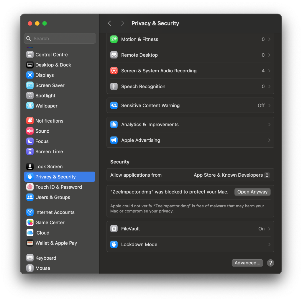 System Settings Privacy and Security Security section Open Anyway